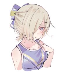 Rule 34 | 1girl, ?, alternate hairstyle, bare shoulders, blonde hair, blush, breasts, cleavage, cropped torso, hair ornament, hair over one eye, hair ribbon, hairclip, highres, looking at viewer, love live!, love live! nijigasaki high school idol club, medium breasts, mia taylor, notyu maru, one eye covered, parted lips, purple eyes, ribbon, shirt, short hair, sleeveless, sleeveless shirt, solo, sweat, white background