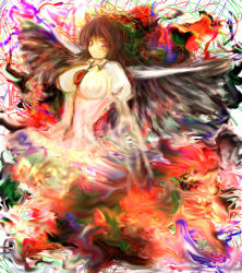 1girl black_wings brown_hair cape female_focus hair_ribbon rasha red_eyes reiuji_utsuho ribbon solo thighhighs touhou wings