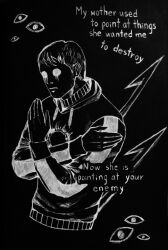 1boy afraid_of_monsters black_hair black_hoodie blank_stare cellar_art color_contrast david_leatherhoff empty_eyes english_text gouged_eye greyscale harpoon highres hole_in_chest hole_on_body hood hood_down hoodie monochrome self_hug short_hair the_addiction_(afraid_of_monsters) too_many_eyes upper_body