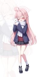 1girl absurdres ahoge black_skirt blue_archive blush dlrkdals070707 halo highres hoshino_(blue_archive) long_hair open_mouth pink_hair pink_halo pleated_skirt scarf simple_background skirt snowman socks solo sweater white_background white_socks