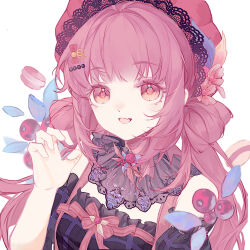 Rule 34 | 1girl, bare arms, bare shoulders, beads, berry, black collar, black dress, black sleeves, blunt bangs, bow, bowtie, brown eyes, claw pose, collar, detached collar, detached sleeves, dot nose, double bun, dress, eyelashes, fang, flower, food, hair beads, hair bow, hair bun, hair ornament, hairclip, happy, hat, hat flower, heart, heart in eye, highres, hou mianbao gou, infinity nikki, lace-trimmed collar, lace-trimmed headwear, lace trim, leaf, light blush, long hair, low twintails, macaron, mob cap, nikki (series), official alternate color, open mouth, pink bow, pink bowtie, pink flower, pink hair, pink hat, plaid clothes, plaid dress, plaid sleeves, puffy short sleeves, puffy sleeves, short sleeves, simple background, single stripe, skin fang, smile, solo, strapless, strapless dress, striped bow, striped bowtie, striped clothes, symbol in eye, twintails, upper body, very long hair, whispers of bliss (infinity nikki), white background