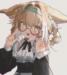 1girl alternate_costume animal_ears arknights bespectacled blonde_hair blue_hairband braid braided_hair_rings clothing_cutout commentary enmaided fang fox_ears fox_girl glasses green_eyes grey_background hair_intakes hair_rings hairband highres long_hair maid open_mouth openvl red-framed_eyewear shoulder_cutout simple_background skin_fang solo suzuran_(arknights) twin_braids upper_body very_long_hair watermark