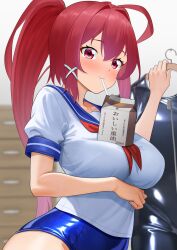 1girl ahoge black_bodysuit blue_one-piece_swimsuit blue_sailor_collar blush bodysuit breasts bubble_tea_challenge covered_navel dorachan_r drinking_straw drinking_straw_in_mouth hair_ribbon highres holding_carton i-168_(kancolle) indoors kantai_collection long_hair looking_at_viewer medium_breasts milk_carton old_school_swimsuit one-piece_swimsuit ponytail red_eyes red_hair ribbon sailor_collar school_swimsuit school_uniform serafuku serasuku smile solo swimsuit swimsuit_under_clothes