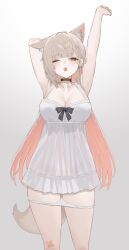 Rule 34 | 1girl, ;o, animal ear fluff, animal ears, bandaid, bandaid on leg, black choker, breasts, choker, cleavage, colored inner hair, cowboy shot, fox ears, fox girl, fox tail, highres, large breasts, mayu shirasaki, multicolored hair, one eye closed, original, panties, panty pull, pink hair, red eyes, red hair, simple background, solo, sorotu, tail, underwear, white panties