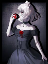 1girl animal_ear_fluff animal_ears aqing_1229 black_border black_choker black_corset black_dress blood blood_from_mouth border breasts cat_ears cat_girl choker collarbone colored_skin commentary corset dress english_commentary fang food fruit grey_background highres holding holding_food holding_fruit large_breasts looking_at_viewer mio_(xenoblade) outside_border red_eyes short_hair solo strapless strapless_dress vampire white_hair white_skin xenoblade_chronicles_(series) xenoblade_chronicles_3