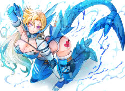 1girl ass_tattoo blonde_hair blue_tail blush breasts cleavage headgear heart heart_tattoo kiwakiwa large_breasts long_hair marty_(mega_man) mechanical_tail mega_man_(series) mega_man_x_(manga) mega_man_x_(series) purple_eyes robot_girl simple_background solo tail tattoo tongue tongue_out water white_background