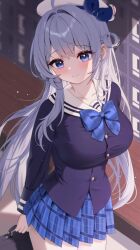 Rule 34 | 1girl, absurdres, arme (cgsy7484), blazer, blue bow, blue bowtie, blue eyes, blue jacket, blue skirt, blurry, blurry background, blush, bow, bowtie, breasts, closed mouth, commission, cowboy shot, grey hair, hat, hat ornament, highres, holding back, jacket, large breasts, long hair, looking at viewer, original, plaid clothes, plaid skirt, pleated skirt, sailor collar, school uniform, skirt, smile, solo, white sailor collar