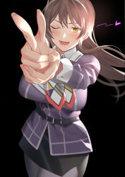 1girl ashigara_(kancolle) ashigara_kai_ni_(kancolle) belt belt_buckle black_background black_belt black_skirt blush breasts brown_hair buckle commentary_request cowboy_shot fang finger_gun floating_hair hairband heart highres jacket kantai_collection kitazawa_(embers) large_breasts long_hair long_sleeves looking_at_viewer nail_polish one_eye_closed own_hands_together pink_nails purple_jacket simple_background skin_fang skirt sleeve_cuffs solo standing uniform white_hairband yellow_eyes