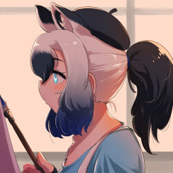 1girl animal_ears apron black_hair blue_eyes blue_hair blue_shirt evening extra_ears fingerless_gloves gloves grey_hair hat highres horse_ears horse_girl kemono_friends long_hair mcgunngu multicolored_hair paintbrush ponytail shirt simple_background solo tarpan_(kemono_friends) window