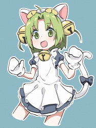 Rule 34 | 1girl, animal hat, apron, bell, blush, bow, cat hat, cat tail, cropped legs, dejiko, di gi charat, dot nose, green eyes, green hair, hair bell, hair ornament, hat, jingle bell, looking at viewer, mittens, open mouth, sagami sagari, short hair, solo, tail, tail bow, tail ornament, white apron, white mittens