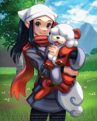 1girl akari_(pokemon) artist_name black_hair blue_sky closed_mouth cloud commentary day dog email_address english_commentary english_text eyelashes fangs galaxy_expedition_team_survey_corps_uniform grass grey_eyes hair_over_eyes headscarf hisuian_growlithe holding holding_pokemon long_hair nintendo outdoors pokemon pokemon_(creature) pokemon_legends:_arceus ponytail red_scarf scarf sidelocks sky smile sunlight theskywaker tongue tongue_out tree white_headscarf