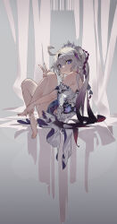 1girl absurdres ahoge barefoot blue_eyes breasts circlet closed_mouth dress full_body grey_background highres honkai_(series) honkai_impact_3rd kiana_kaslana kiana_kaslana_(herrscher_of_finality) long_hair looking_at_viewer medium_breasts qtan_(cooldiao) smile solo tareme toes very_long_hair w white_dress white_hair