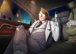 2boys blonde_hair captain_(hellsing) car car_crash car_interior coat cup drinking_glass fat fat_man glasses gloves grin hellsing highres major_(hellsing) majorette_(artist) male_focus military_uniform motor_vehicle multiple_boys nazi necktie obscured_eyes reflection short_hair smile solo_focus white_coat white_gloves wine_glass