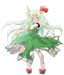 1girl alphes_(style) blush bow breasts closed_eyes commentary_request dairi dress ex-keine full-face_blush full_body green_dress green_hair highres horn_bow horn_ornament horns kamishirasawa_keine large_variant_set long_hair multicolored_hair open_mouth outstretched_arm parody red_bow shoes short_sleeves socks solo style_parody tachi-e touhou transparent_background two-tone_hair variant_set very_long_hair white_hair white_sleeves white_socks