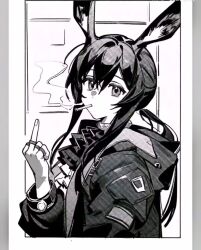Rule 34 | 1girl, amiya (arknights), arknights, artist request, cigarette, greyscale, highres, hood, hoodie, middle finger, monochrome, rabbit ears, solo