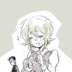 Rule 34 | 1boy, 1girl, :3, asama hirotaka, black hair, blonde hair, business casual, collared shirt, crying, dress shirt, fang, horror (theme), inubousaki shioi, nikubami honegishimi, runarica0914, shirt, surprised, sweater vest