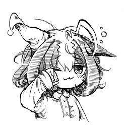 1girl :3 ahoge blush chibi closed_mouth greyscale hat highres long_sleeves mame_nabe_donko meisho_doto_(umamusume) messy_hair monochrome nightcap one_eye_closed pajamas raised_eyebrows rubbing_eyes shirt short_hair solo squeans thighhighs umamusume upper_body