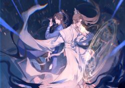 2boys architecture black_footwear black_hair black_pants blue_hanfu blue_ribbon boki_20cm boots brown_eyes building chinese_clothes chu_wanning closed_mouth east_asian_architecture erha_he_tadebai_mao_shizun full_body glowing hair_ribbon half_updo hanfu high_ponytail highres long_hair long_sleeves looking_at_viewer male_focus mo_ran motion_blur multiple_boys outdoors pants ponytail purple_eyes ribbon ribboned_xiao_guan sash sigil tassel white_hanfu wide_sleeves xiao_guan_(headdress)