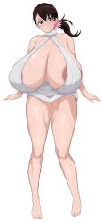 Rule 34 | 1girl, absurdres, areola slip, bare shoulders, barefoot, black hair, blue eyes, blush, breasts, brown hair, cattleya (queen&#039;s blade), cleavage, commission, curvy, dark nipples, dress, feet, female focus, full body, gigantic breasts, glasses, hair ornament, halterneck, hanging breasts, highres, huge breasts, large areolae, long hair, looking at viewer, marrieduff3fwoman, mature female, meme attire, milkcarton man, nipples, no bra, ponytail, queen&#039;s blade, ribbed sweater, sagging breasts, sideboob, sideuff3fponytail, simple background, skeb commission, solo, standing, sweater, tachi-e, thick thighs, thighs, virgin killer sweater, wardrobe malfunction, white background, wide hips