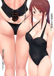 1girl anti_(0324) arms_behind_back bad_id bad_twitter_id black_one-piece_swimsuit blush breasts brown_eyes brown_hair cleavage commentary_request covered_navel from_behind halterneck highleg highleg_one-piece_swimsuit holding holding_behind_back idolmaster idolmaster_cinderella_girls kneepits large_breasts long_hair looking_at_viewer lotion mifune_miyu multiple_views one-piece_swimsuit sidelocks swimsuit tanning_oil translation_request