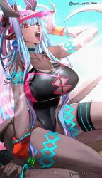 Rule 34 | 1girl, artist name, black one-piece swimsuit, blue hair, blue sky, breasts, center opening, cleavage, cleavage cutout, clothing cutout, colored skin, commentary, fate/grand order, fate (series), grey skin, hat, highres, ibuki douji (fate), ibuki douji (swimsuit berserker) (fate), large breasts, long hair, looking at viewer, mat uskr tam, multicolored hair, one-piece swimsuit, open mouth, pink eyes, pink hair, pink hat, pointy ears, sidelocks, sitting, sky, smile, solo, sunlight, swimsuit, tail, teeth, twitter username, two-tone hair, upper teeth only, visor cap