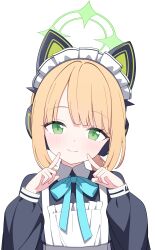 1girl absurdres animal_ear_headphones animal_ears apron aqua_bow aqua_bowtie black_dress blonde_hair blue_archive blunt_bangs blush bow bowtie cat_ear_headphones cat_ears closed_mouth collared_dress contrast_collar dot_nose dress fake_animal_ears fingers_to_cheeks frilled_apron frills green_eyes green_halo halo hands_up head_tilt headphones highres index_fingers_raised jyt long_sleeves looking_at_viewer low_ponytail maid maid_apron maid_headdress medium_hair midori_(blue_archive) midori_(maid)_(blue_archive) official_alternate_costume official_alternate_hairstyle parted_bangs ponytail puffy_long_sleeves puffy_sleeves sidelocks simple_background smile solo straight-on upper_body white_apron white_background white_headdress