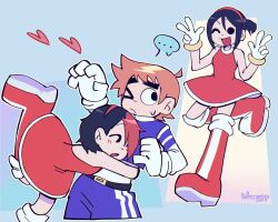 ... 1boy 1girl ahoge amy_rose amy_rose_(cosplay) averting_eyes black_eyes black_hair blue_pepe boots commentary cosplay dress english_commentary full_body gloves hair_between_eyes heart highres hug knives_chau multicolored_hair multiple_views official_style one_eye_closed orange_hair ponytail red_dress red_hair scott_pilgrim scott_pilgrim_(series) scott_pilgrim_takes_off short_hair short_ponytail sidelocks solid_circle_eyes sonic_(series) sonic_the_hedgehog sonic_the_hedgehog_(cosplay) speech_bubble streaked_hair sweatdrop trait_connection w white_gloves