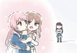 3girls bang_dream! bang_dream!_it&#039;s_mygo!!!!! bare_shoulders belt black_belt black_choker black_pantyhose blue_eyes blue_jacket brown_hair cellphone chihaya_anon choker closed_mouth commentary_request cropped_jacket crossed_arms earrings grey_eyes holding holding_phone hug hug_from_behind jacket jewelry long_hair long_sleeves lyy multiple_girls nagasaki_soyo necklace open_mouth pantyhose phone pink_hair shiina_taki sidelocks single_earring skirt smartphone white_skirt yuri