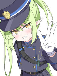 Rule 34 | 1girl, absurdres, blue archive, earrings, gloves, green hair, hat, highres, jewelry, lee0fld, long hair, nozomi (blue archive), pointy ears, smile, solo, train conductor, very long hair, white background, white gloves, yellow eyes