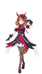 Rule 34 | 1girl, animal ears, bad link, bare shoulders, black gloves, black pantyhose, black shoes, blush, bow, breasts, brown eyes, brown hair, buttons, closed mouth, crossed legs, double-breasted, dress, ear ornament, ears through headwear, footwear bow, full body, game model, gloves, hair between eyes, hair ornament, hairclip, hat, hat ornament, high heels, highres, horse ears, horse girl, horse tail, looking at viewer, medium breasts, multicolored hair, north flight (umamusume), pantyhose, red bow, shoes, sleeveless, smile, solo, standing, streaked hair, tachi-e, tail, transparent background, umamusume, watson cross, white hair