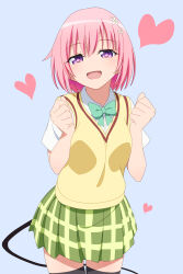 1girl :d anime_coloring baasaku_(balasaku24) black_thighhighs bow bowtie clenched_hands collared_shirt commentary_request cowboy_shot eyes_visible_through_hair flower green_bow green_bowtie green_skirt grey_background hair_between_eyes hair_flower hair_ornament hands_up happy heart highres medium_hair miniskirt momo_velia_deviluke open_mouth pink_hair plaid_clothes plaid_skirt pleated_skirt purple_eyes sainan_high_school_uniform school_uniform shirt short_sleeves simple_background skirt smile solo sweater_vest thighhighs to_love-ru white_flower white_shirt yellow_sweater_vest zettai_ryouiki