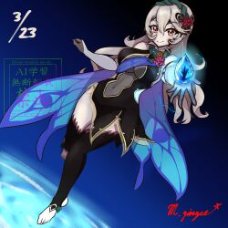 1girl black_dress breasts closed_mouth covered_navel dragonstone dress eyelashes female_corrin_(fire_emblem) female_corrin_(resplendent)_(fire_emblem) fire_emblem fire_emblem_fates fire_emblem_heroes flower full_body grey_hair hair_flower hair_ornament long_hair looking_at_viewer megadeth_ginger nintendo official_alternate_costume red_eyes signature smile solo