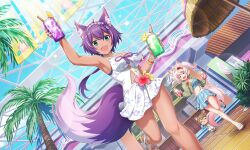 Rule 34 | &gt; &lt;, 2girls, :o, ahoge, animal ear fluff, animal ears, aqua eyes, artist request, bead bracelet, bead hairband, beads, blue skirt, blue sky, bracelet, clothing cutout, cup, day, dress, drinking glass, dutch angle, fang, floral print, flower, food, fox ears, fox girl, fox tail, from below, green jacket, hairband, hibiscus, holding, holding cup, howan (show by rock!!), ice cream, jacket, jewelry, leg up, lens flare, long hair, looking at viewer, low ponytail, multiple girls, neck ribbon, official alternate costume, official art, open clothes, open jacket, open mouth, palm tree, pink hair, ponytail, pool, purple hair, ribbon, ruhuyu (show by rock!!), running, sandals, short hair, show by rock!!, side ponytail, skirt, sky, sleeveless, sleeveless dress, smile, solo focus, sparkle, stomach cutout, sundae, tail, third-party source, tree, white dress, wolf ears, wolf girl, wolf tail