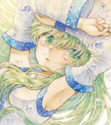 1girl armpits arms_up bare_shoulders breasts collared_shirt crying crying_with_eyes_open detached_sleeves green_eyes green_hair hair_ornament hair_spread_out kochiya_sanae lily_k_oekaki long_hair looking_at_viewer open_mouth patterned_clothing shirt sideboob single_sidelock sleeveless sleeveless_shirt snake_hair_ornament solo tears touhou upper_body