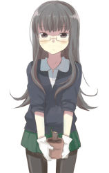 1girl blush bonsai brown_eyes brown_hair ecocube eka_eri female_focus glasses gloves long_hair original pantyhose skirt solo vase
