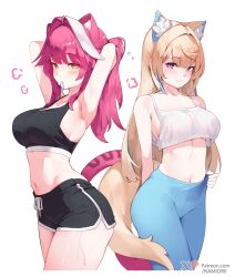 2girls animal_ears armpits arms_up bare_shoulders black_shorts black_sports_bra blonde_hair blue_hair blue_pants blush closed_mouth colored_inner_animal_ears commentary dog_ears dog_girl dog_tail dolphin_shorts english_commentary fuwawa_abyssgard hair_intakes hair_tie_in_mouth highres hololive hololive_english long_hair looking_at_viewer mouth_hold multicolored_hair multiple_girls namiorii navel panther_ears panther_girl panther_tail pants patreon_logo patreon_username pink_eyes pink_hair raora_panthera shorts simple_background smile sports_bra stomach streaked_hair sweat tail tank_top thighs twitter_username virtual_youtuber white_background white_hair white_tank_top yellow_eyes yellow_tail