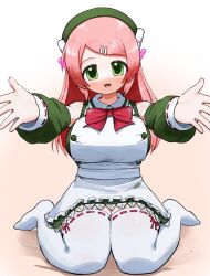 1girl apron beret bow bowtie breasts buttons detached_sleeves dress frilled_apron frills gradient_background green_dress green_hair green_hat green_sleeves hair_ornament hairclip hat headphones huge_breasts long_hair looking_at_viewer momone_momo open_mouth outstretched_arms pink_background pink_hair red_bow red_bowtie saruyama_ushirou sidelocks sitting smile solo thighhighs utau wariza white_apron white_background white_thighhighs