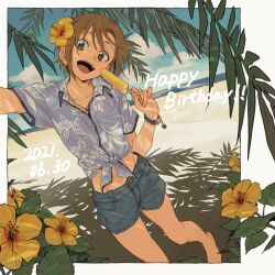 1girl barefoot beach brown_eyes brown_hair denim denim_shorts flat_chest flower food hair_flower hair_ornament happy_birthday hibiscus highres idolmaster idolmaster_cinderella_girls jewelry looking_at_viewer necklace open_mouth outdoors popsicle shirt short_hair short_shorts shorts smile solo summer sunlight syouyumochi33 tada_riina tied_shirt