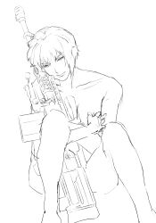 1girl aizheajsee anti-materiel_rifle convenient_censoring ghost_in_the_shell greyscale gun highres holding holding_gun holding_weapon kusanagi_motoko medium_hair monochrome nude rifle scope sitting sniper_rifle solo topless_female weapon weapon_request