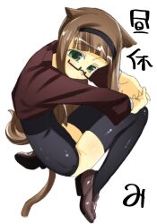 1girl animal_ears black_hairband black_one-piece_swimsuit black_thighhighs brown_hair brown_shoes cat_ears cat_girl cat_tail cropped_jacket glasses green_eyes hairband highres jacket loafers long_hair long_sleeves looking_at_viewer one-piece_swimsuit original red_jacket semi-rimless_eyewear shoes simple_background sitting solo swimsuit tail thighhighs veloexotica wariza white_background