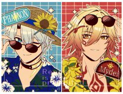Rule 34 | 2boys, alternate costume, amamizu (shigure-doki), black choker, blonde hair, blue eyes, blue shirt, braid, character name, chest tattoo, choker, commentary request, eyewear on head, facial tattoo, floral print shirt, flower, flower necklace, gradient hair, hair between eyes, hat, hat flower, highres, honkai: star rail, honkai (series), jewelry, male focus, medium hair, multicolored hair, multiple boys, mydei (honkai: star rail), neck tattoo, necklace, parted bangs, phainon (honkai: star rail), red hair, red shirt, red tattoo, shirt, short hair, side braid, straw hat, sun symbol, sun tattoo, sunflower, sunglasses, tan, tattoo, watermark, white hair, yellow eyes