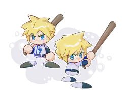 1boy bandaid bandaid_on_face baseball_bat baseball_uniform blonde_hair blue_eyes chibi chibi_only cloud_strife final_fantasy final_fantasy_vii highres holding holding_baseball_bat jikkyou_powerful_pro_yakyuu lily_(shio1006) male_focus multiple_views no_mouth no_nose parody rayman_limbs short_hair spiked_hair sportswear standing style_parody