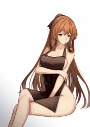 1girl add_leir alternate_costume apron bare_shoulders breasts brown_apron brown_ribbon chinese_commentary closed_mouth collarbone commentary crossed_arms crossed_legs english_commentary feet_out_of_frame girls&#039;_frontline green_eyes hair_ornament hair_ribbon hand_on_arm highres legs lips long_hair looking_at_viewer medium_breasts orange_hair ribbon sitting solo springfield_(girls&#039;_frontline) thighs white_background