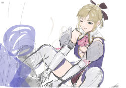 1boy 1girl ball_busting bdsm blonde_hair bow breasts cassandra_alexandra cbt clothed_female_nude_male cum detached_sleeves ejaculation elbow_gloves gloves green_eyes hair_bow highres nude one_eye_closed pink_neckwear seset short_hair sketch soul_calibur squeezing_testicles testicles thighhighs warrior