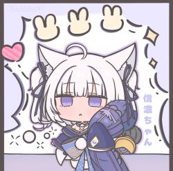 Rule 34 | 1girl, ahoge, animal ears, artist name, azur lane, black ribbon, blue kimono, character name, chibi, chibi only, commentary, fox ears, fox girl, futaba (anti clockwise), gold trim, hair ribbon, holding, holding pillow, japanese clothes, kimono, long sleeves, looking at viewer, pillow, purple eyes, ribbon, shinano-chan (azur lane), solo, symbol-only commentary, white hair
