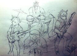 4boys animal_ears armband bass_guitar beak bird_boy cat_boy cat_ears cat_nose cat_tail commentary_request dog_boy dog_nose dog_tags dog_tail drum drum_set drumsticks furry furry_male graphite_(medium) guitar headband highres holding holding_bass_guitar holding_drumsticks holding_guitar holding_instrument holding_microphone horse_boy horse_ears indeigo15 instrument jewelry jun_nekonishi keisuke_hirama kouya_aotsuki long_hair looking_at_viewer looking_down looking_to_the_side male_focus microphone morenatsu multiple_boys necklace no_strings one_eye_covered pen_(medium) tail tank_top traditional_media yuuki_torii