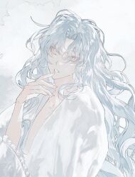 1other commentary_request finger_to_mouth hair_between_eyes hand_up lace-trimmed_robe lace_trim long_hair looking_at_viewer messy_hair original pale_skin parted_lips ringein robe simple_background solo upper_body very_long_hair white_background white_eyes white_hair white_robe