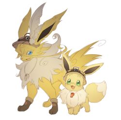 :3 animal_focus blue_eyes brown_footwear brown_helmet clothed_pokemon colossustotem creatures_(company) ears_through_headwear eevee feathers fluffy full_body fusion game_freak gen_1_pokemon glasses green_eyes happy hat_feather headlamp helmet jolteon looking_at_viewer lyza_(made_in_abyss) made_in_abyss neck_fur nintendo no_humans open_mouth outline pince-nez pith_helmet pokemon pokemon_(creature) riko_(made_in_abyss) semi-rimless_eyewear shoes simple_background sketch smile standing whistle whistle_around_neck white_background white_feathers white_outline