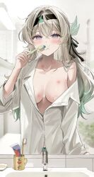 Rule 34 | 1girl, absurdres, bathroom, bite mark, black hairband, brushing teeth, firefly (honkai: star rail), grey hair, hairband, hickey, highres, holding, holding toothbrush, honkai: star rail, honkai (series), implied after sex, multicolored eyes, pibag, sink, solo, toothbrush, toothbrush in mouth, two-tone eyes
