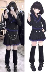 1boy art_vs_artist black_choker black_hair black_jacket black_shoes black_skirt black_socks blush cellphone chain choker closed_mouth commentary_request crossdressing full_body hand_on_own_hip heart heart_o-ring highres holding holding_phone jacket kisaragi_yura_(zeatto) long_sleeves looking_at_viewer loose_socks male_focus medium_hair o-ring o-ring_choker original outstretched_arm over-kneehighs phone phone_over_face photo-referenced pleated_skirt purple_eyes self-portrait shoes skirt smartphone smile socks standing thighhighs thumbs_up translated trap zeatto